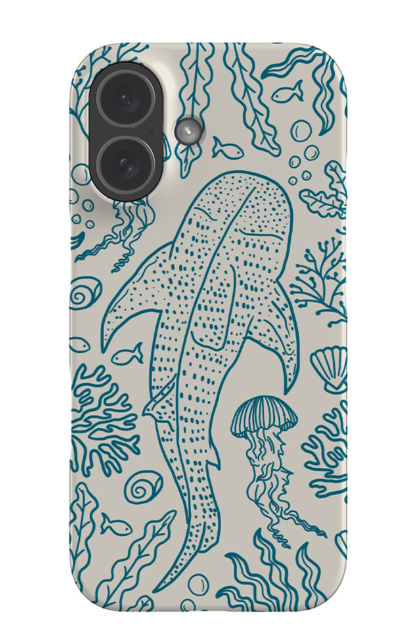 whale shark coral reef snap phone case with a blue line art illustration of a whale shark with fish, seaweed, jellyfish elements on a beige background
