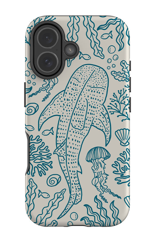 whale shark coral reef tough phone case with a blue line art illustration of a whale shark with fish, seaweed, jellyfish elements on a beige background