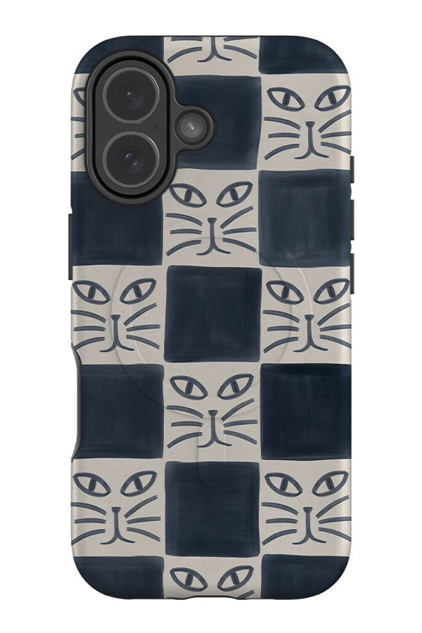 whisker check MagSafe phone case with blue and beige checks and cat faces