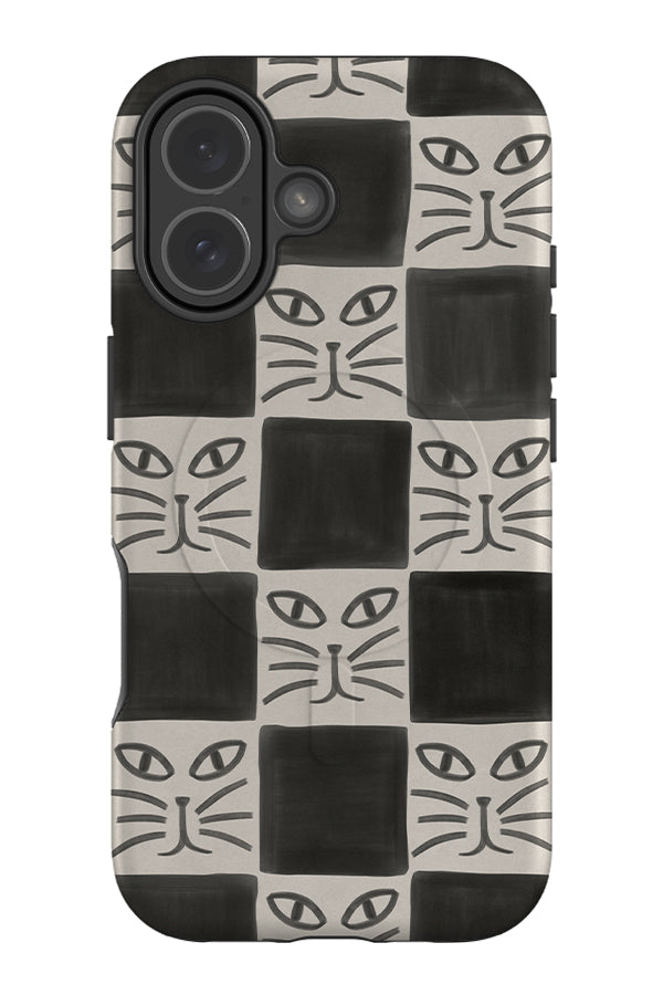whisker check MagSafe phone case with grey and beige checks and cat faces