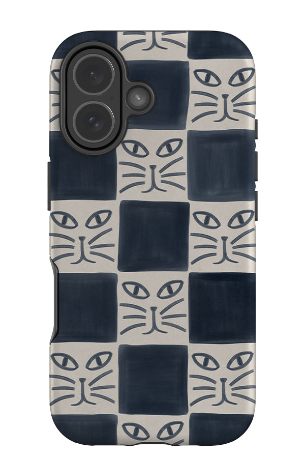 whisker check tough phone case with blue and beige checks and cat faces