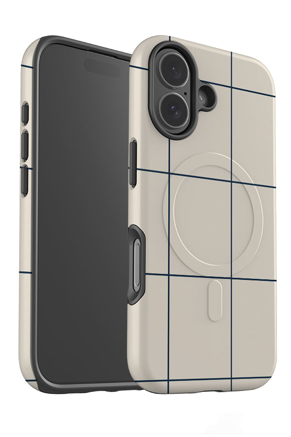 windowpane library MagSafe phone case angle detail with a beige base and dark blue grid check