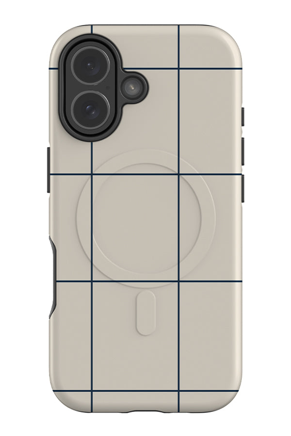 windowpane library MagSafe phone case with a beige base and dark blue grid check