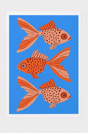 Bold Graphic Three Goldfish Art Print Poster (Blue) | Harper & Blake