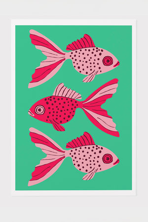 Bold Graphic Three Goldfish Art Print Poster (Green) | Harper & Blake