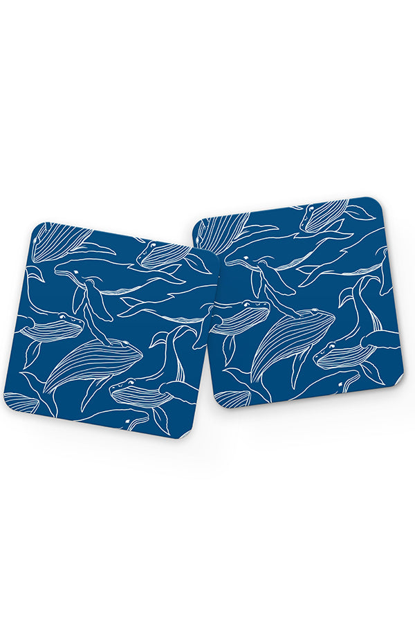 Humpback Whale Line Art Pattern Drinks Coaster (Blue)