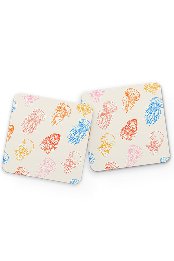 Jellyfish Line Art Pattern Drinks Coaster (Cream Bright)