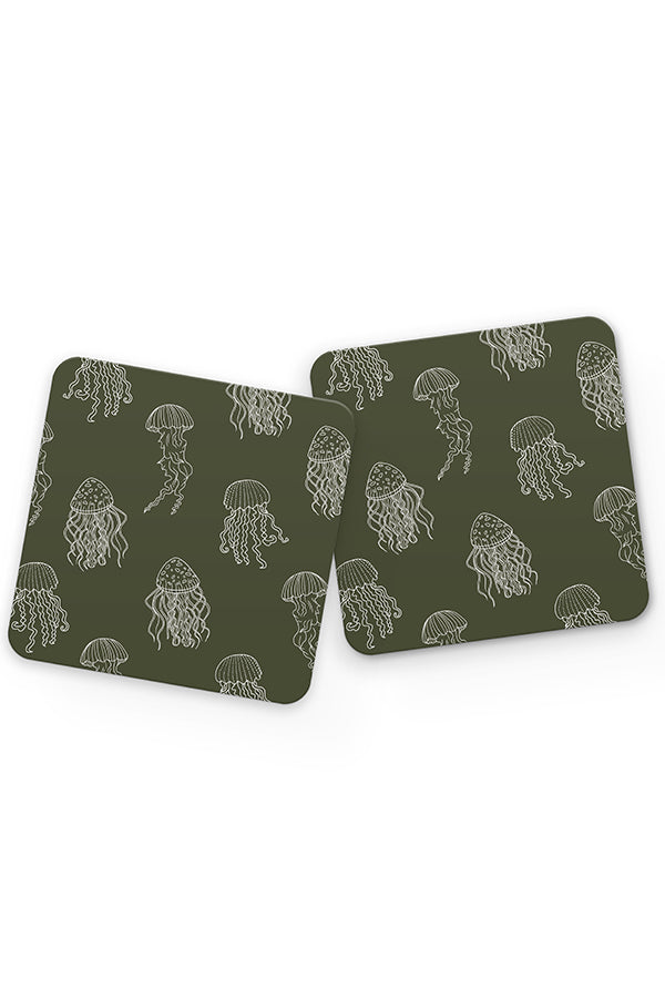 Jellyfish Line Art Pattern Drinks Coaster (Khaki Green)