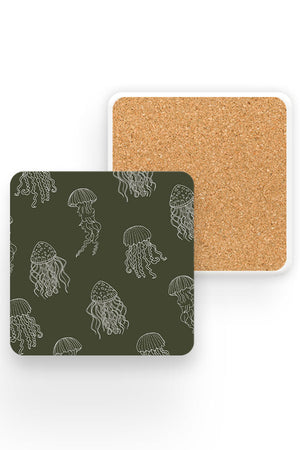 Jellyfish Line Art Pattern Drinks Coaster (Khaki Green) | Harper & Blake