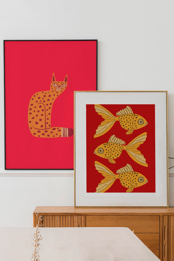 Bold Graphic Three Goldfish Art Print Poster (Red) | Harper & Blake