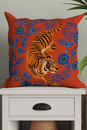 Floral Tiger Square Cushion (Orange Blue) | Harper & Blake