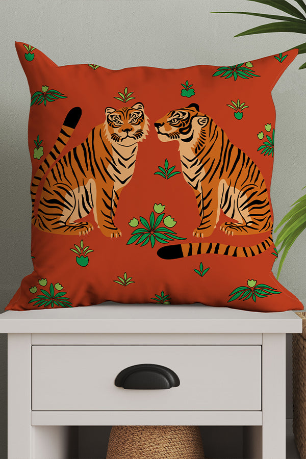 Two Floral Tigers Square Cushion (Red)