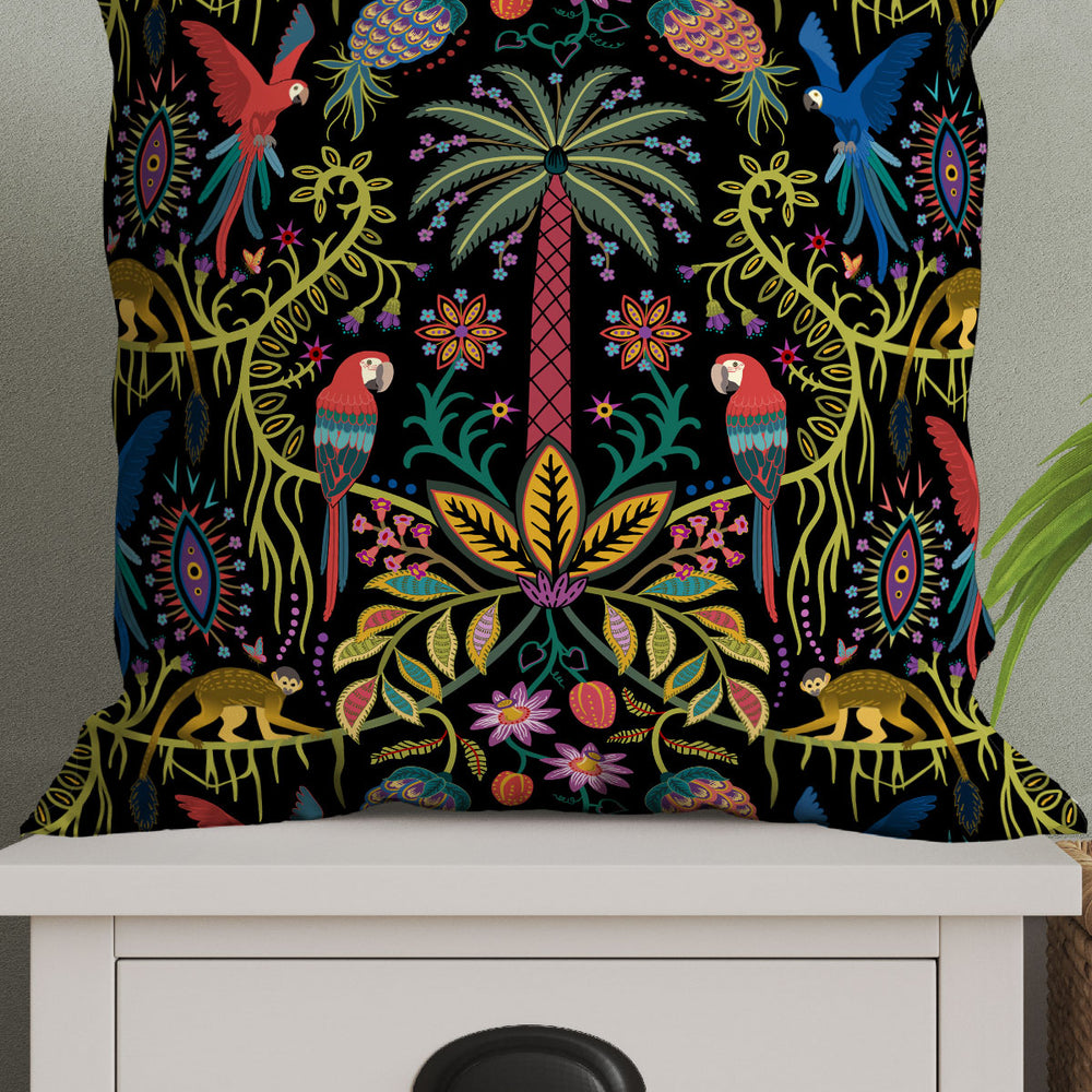 
                  
                    Joyful Jungle by Misentangledvision Square Cushion (Black) | Harper & Blake
                  
                