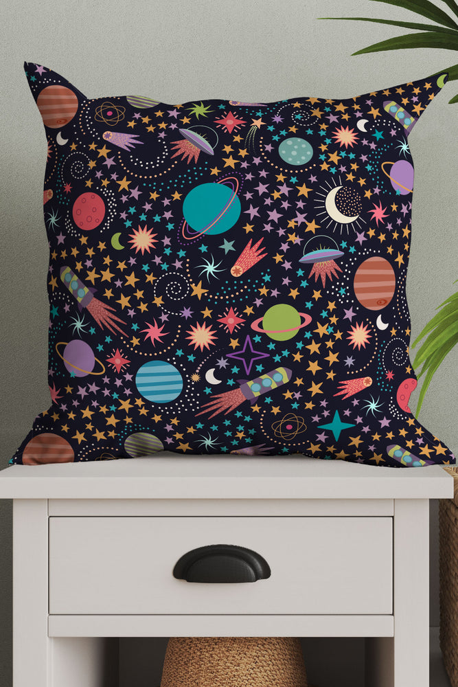 
            
                Load image into Gallery viewer, Space Adventures by Misentangledvision Square Cushion (Black) | Harper &amp;amp; Blake
            
        