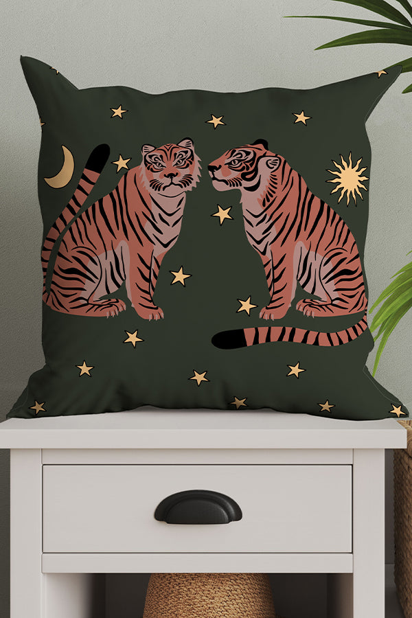 Two Star Tigers Square Cushion (Dark Green) | Harper & Blake