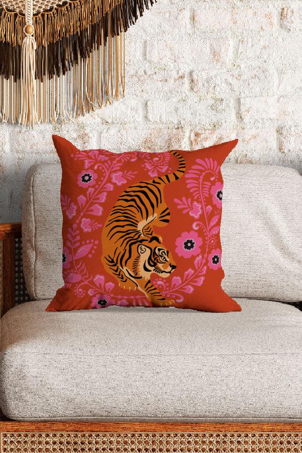 Floral Tiger Square Cushion (Orange Pink) | Harper & Blake