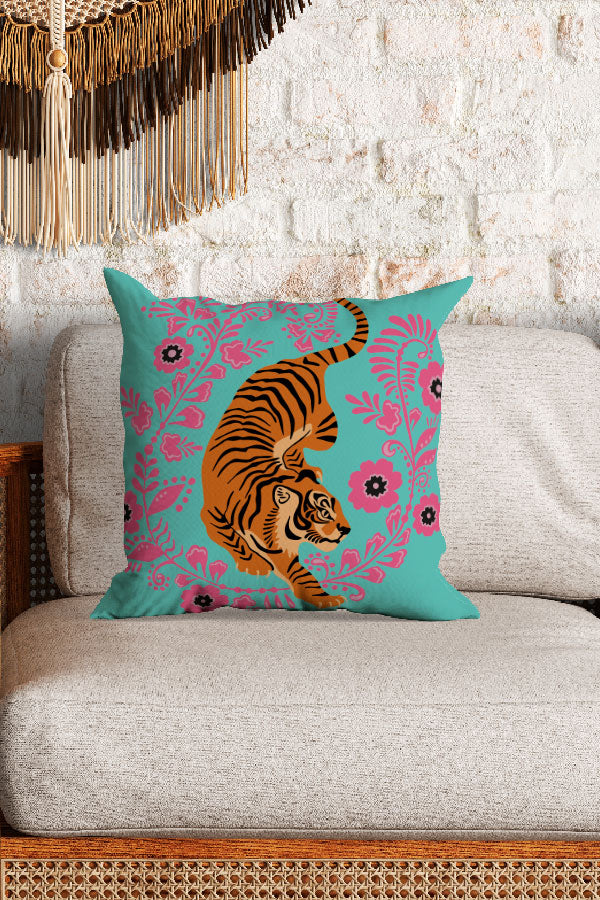 Floral Tiger Square Cushion (Turquoise)