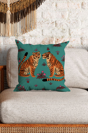 Two Floral Tigers Square Cushion (Turquoise) | Harper & Blake