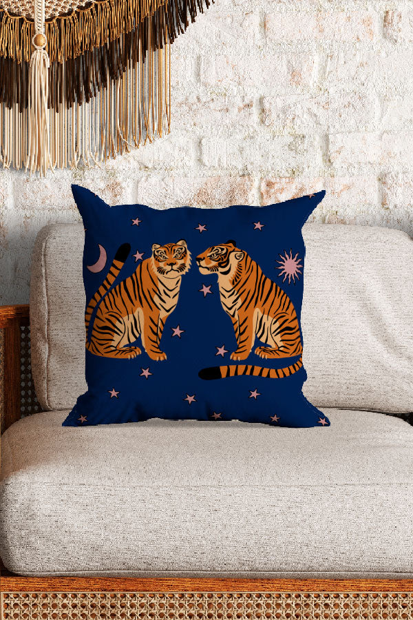 Two Star Tigers Square Cushion (Deep Blue Pink) | Harper & Blake