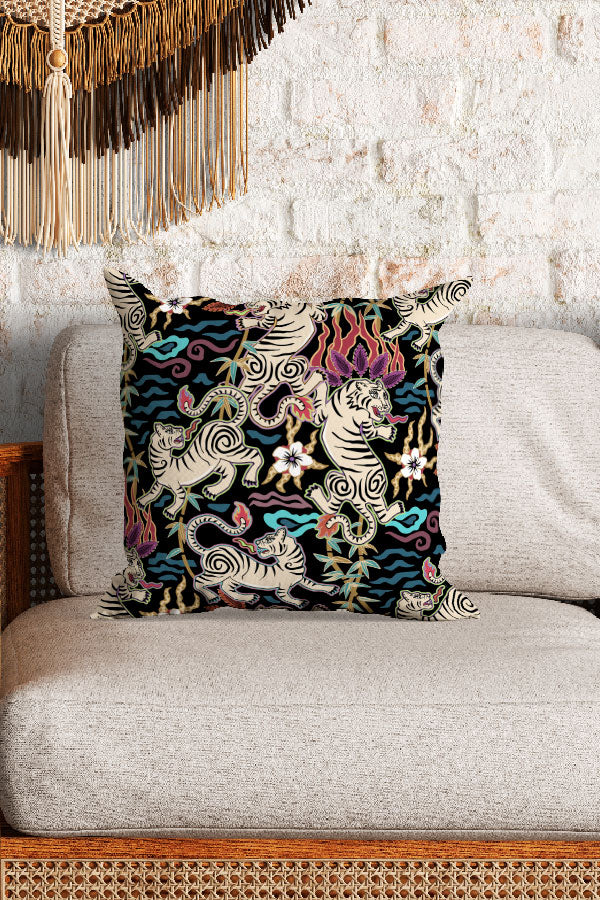 Flaming Tigers by Misentangledvision Square Cushion (Black) | Harper & Blake