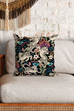 
            
                Load image into Gallery viewer, Flaming Tigers by Misentangledvision Square Cushion (Black) | Harper &amp;amp; Blake
            
        