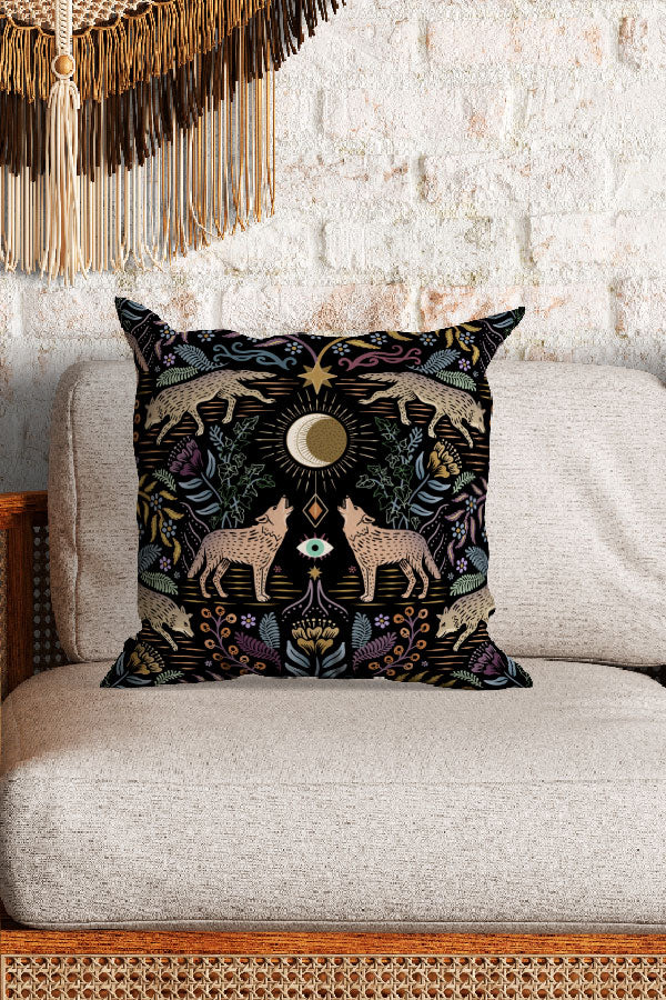 Mystical Grey Wolves by Misentangledvision Square Cushion (Black)