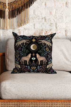 Mystical Grey Wolves by Misentangledvision Square Cushion (Black) | Harper & Blake