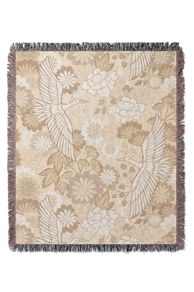 Cranes and Chrysanthemums by Cecilia Mok Jacquard Woven Blanket (Beige) | Harper & Blake