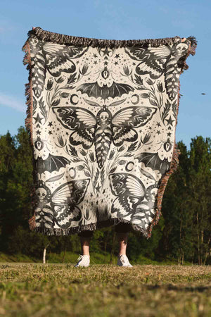 Skull Moth Damask By Rebecca Elfast Jacquard Woven Blanket (Monochrome) | Harper & Blake