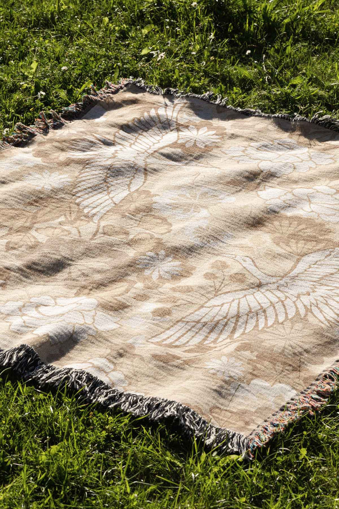 Cranes and Chrysanthemums by Cecilia Mok Jacquard Woven Blanket (Beige) | Harper & Blake