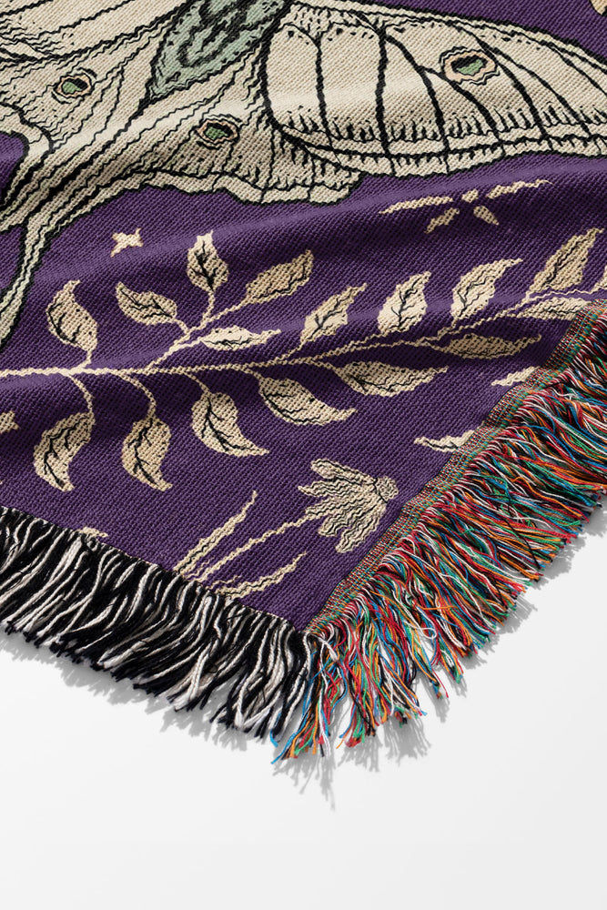 Luna Moths Damask by Misentangledvision Jacquard Woven Blanket (Purple) | Harper & Blake