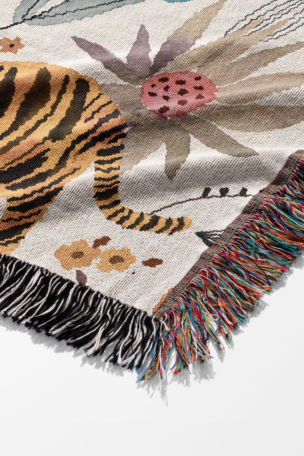 Spring Tigers and Flowers By Ninola Design Jacquard Woven Blanket (White) | Harper & Blake