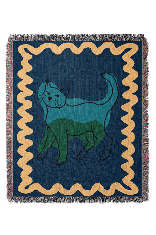 Cat Colour Swirl Jacquard Woven Blanket (Blue)