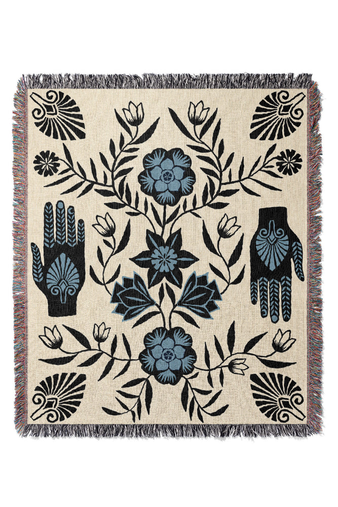 Flower Hands Jacquard Woven Blanket (Off White Blue) | Harper & Blake