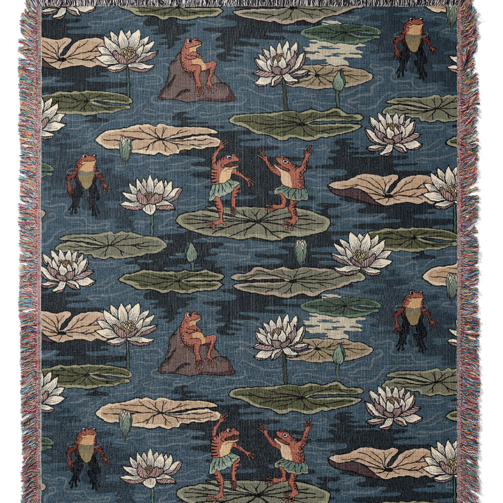 Quirky Frogs by Misentangledvision Jacquard Woven Blanket (Blue) | Harper & Blake