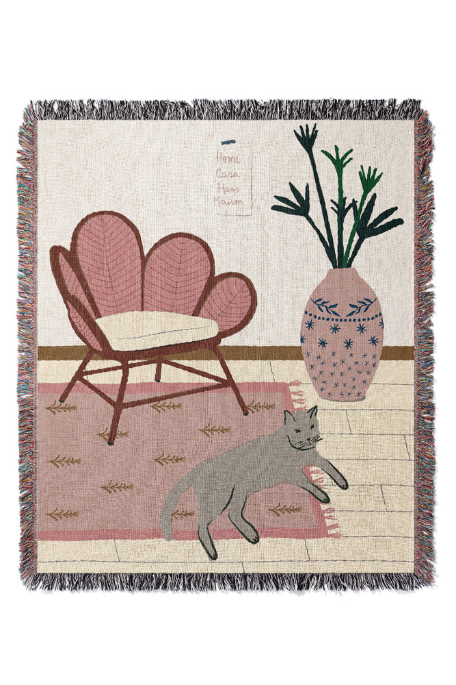 Cat at Home by Ani Vidotto Jacquard Woven Blanket (Pink) | Harper & Blake