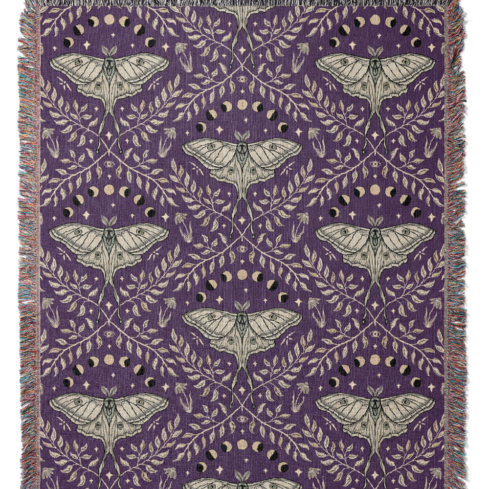 Luna Moths Damask by Misentangledvision Jacquard Woven Blanket (Purple) | Harper & Blake
