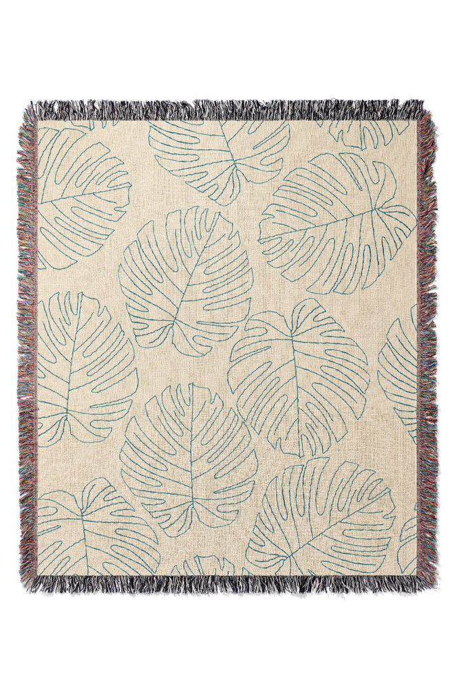 Monstera Plant Line Art Jacquard Woven Blanket (Cream) | Harper & Blake