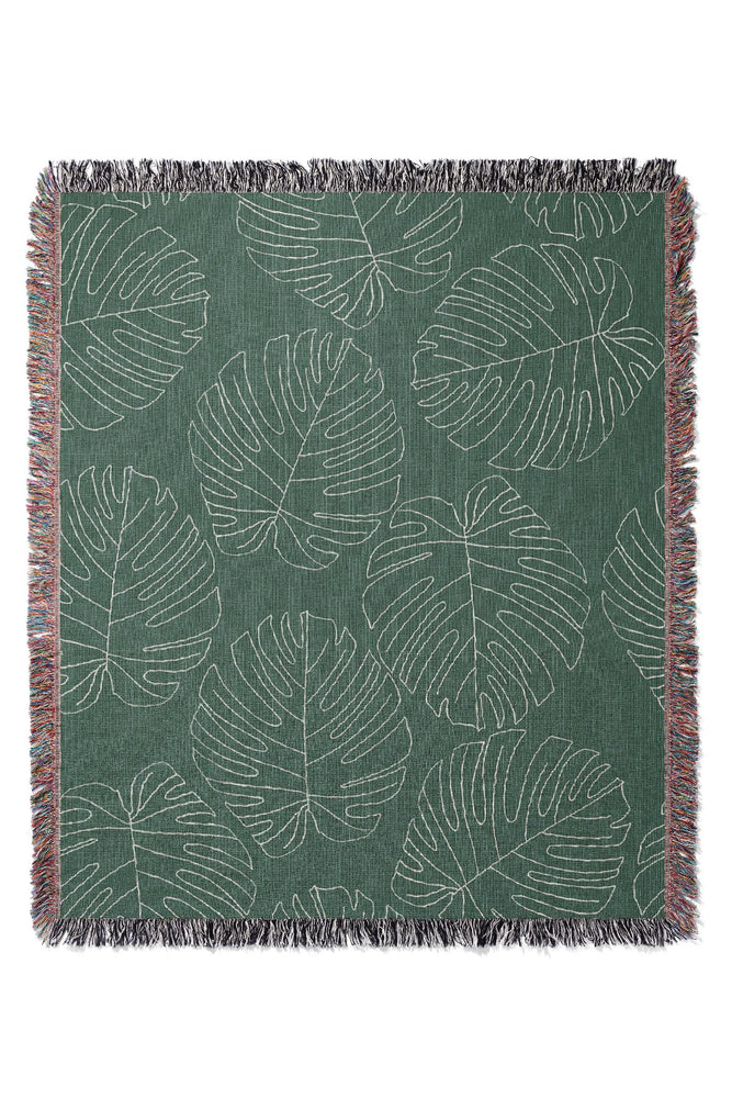 Monstera Plant Line Art Jacquard Woven Blanket (Green)