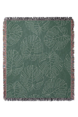 Monstera Plant Line Art Jacquard Woven Blanket (Green) | Harper & Blake