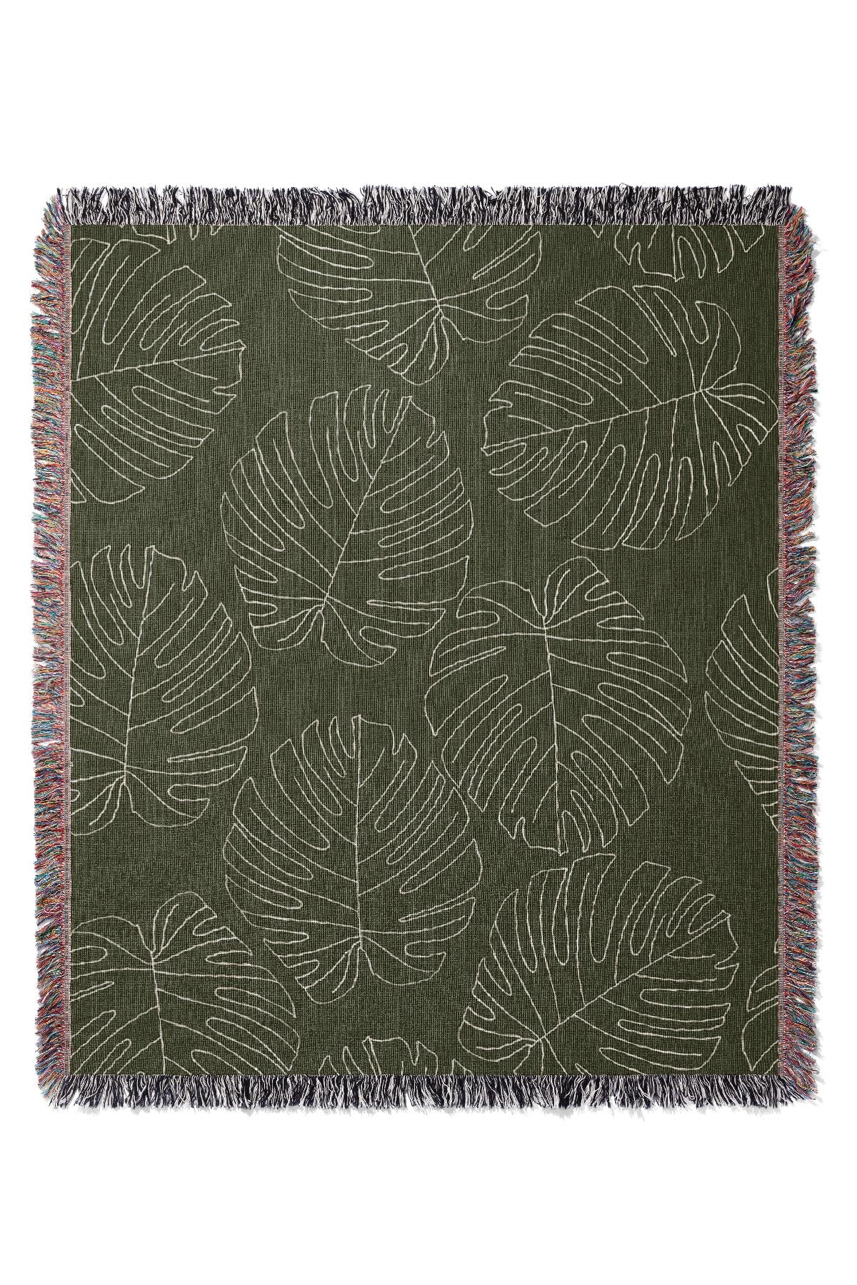 Monstera Plant Line Art Jacquard Woven Blanket (Khaki) | Harper & Blake