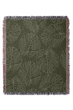 Monstera Plant Line Art Jacquard Woven Blanket (Khaki)