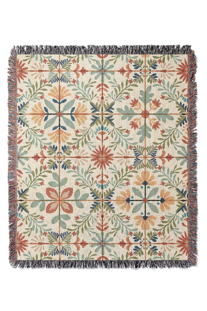 Nostalgic Vintage Tile by Garabateo Jacquard Woven Blanket (Beige)