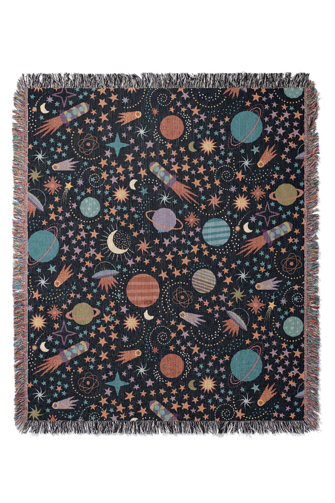 Space Adventures by Misentangledvision Jacquard Woven Blanket (Black)