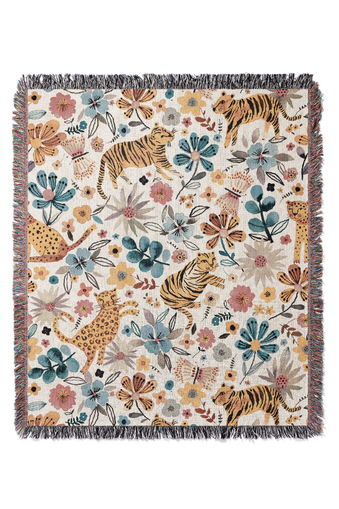 Spring Tigers and Flowers By Ninola Design Jacquard Woven Blanket (White)