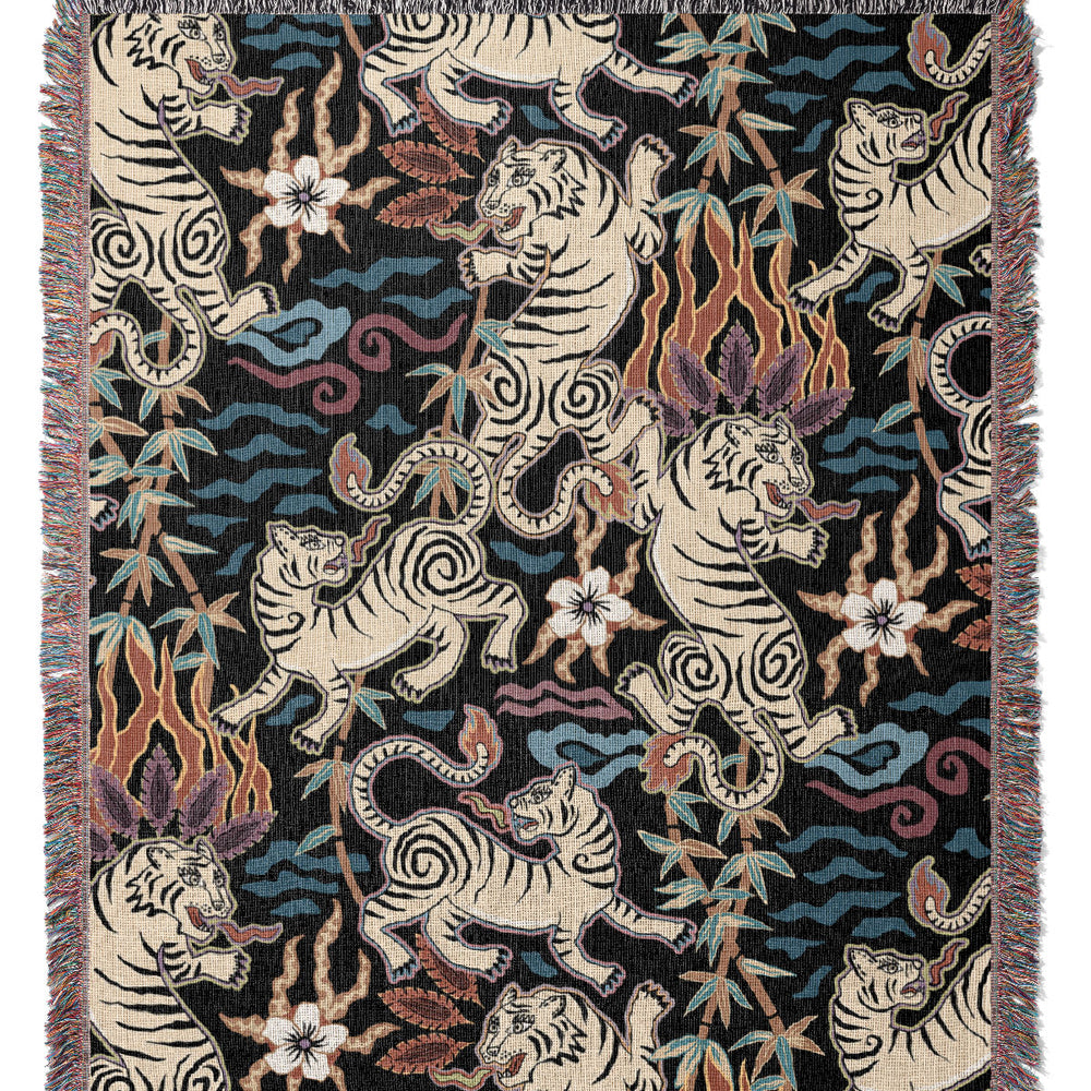 
                  
                    Flaming Tigers by Misentangledvision Jacquard Woven Blanket (Black) | Harper & Blake
                  
                