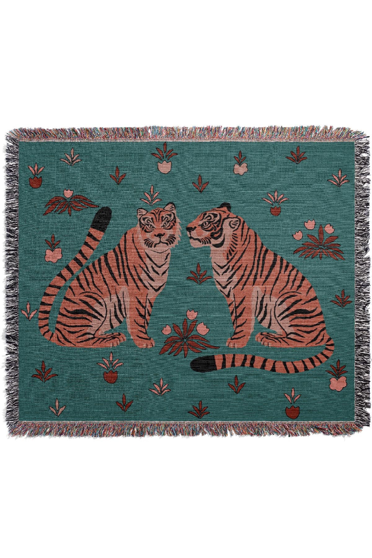 Two Floral Tigers Jacquard Woven Blanket (Blue) | Harper & Blake