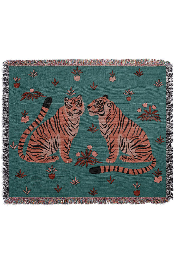 
            
                Load image into Gallery viewer, Two Floral Tigers Jacquard Woven Blanket (Blue) | Harper &amp;amp; Blake
            
        