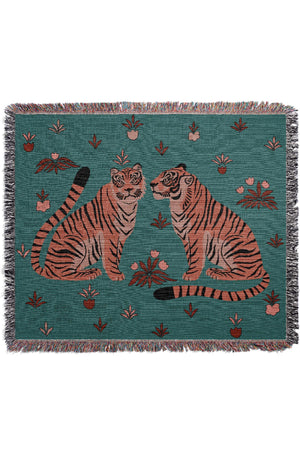 Two Floral Tigers Jacquard Woven Blanket (Blue) | Harper & Blake