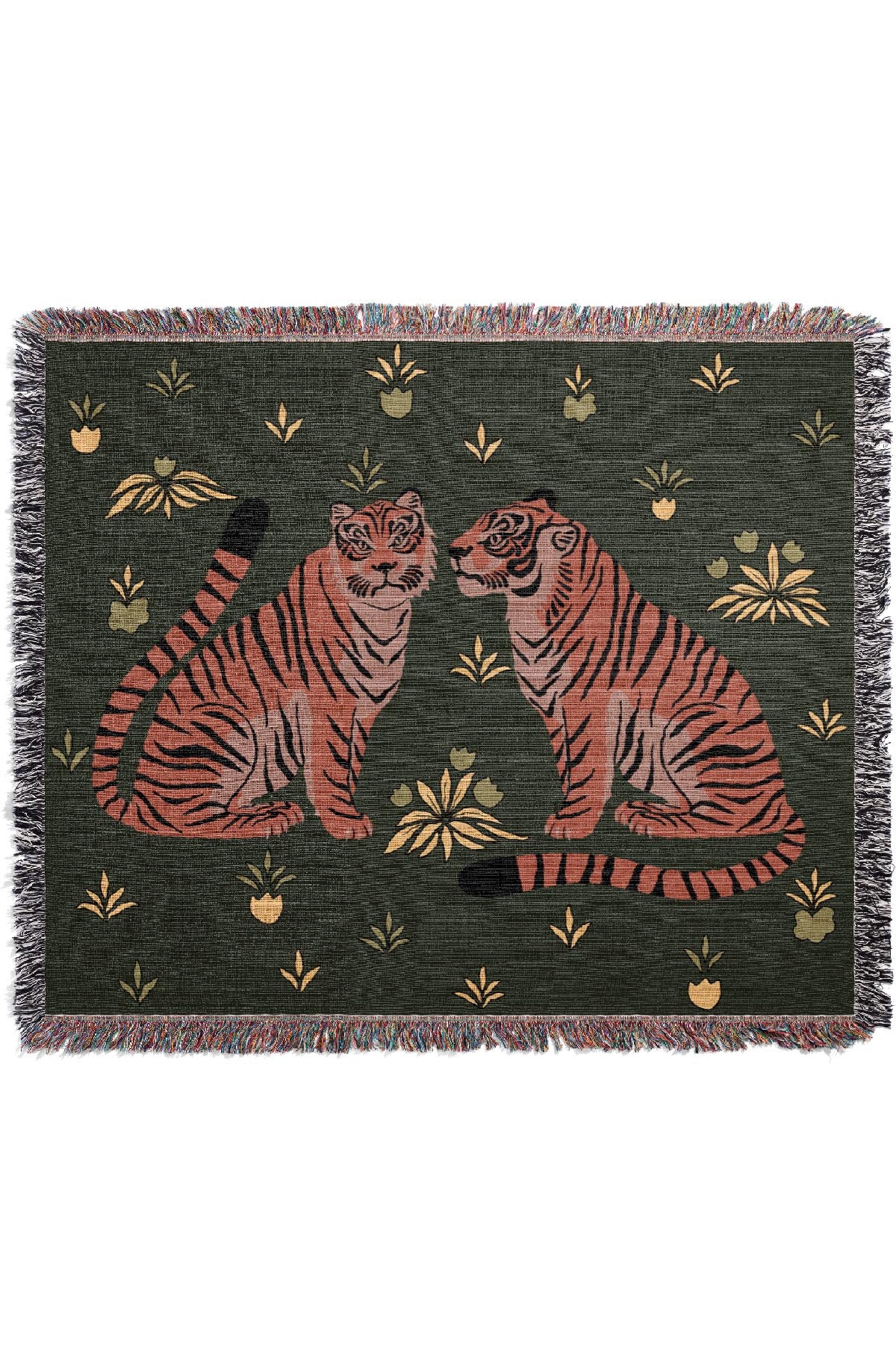 Two Floral Tigers Jacquard Woven Blanket (Dark Green) | Harper & Blake